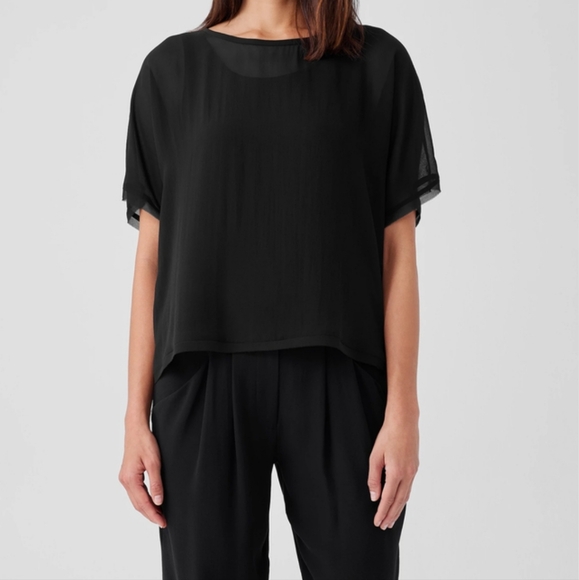 💫Eileen Fisher Black Sheer Silk Georgette Ballet Neck Top One Size💫